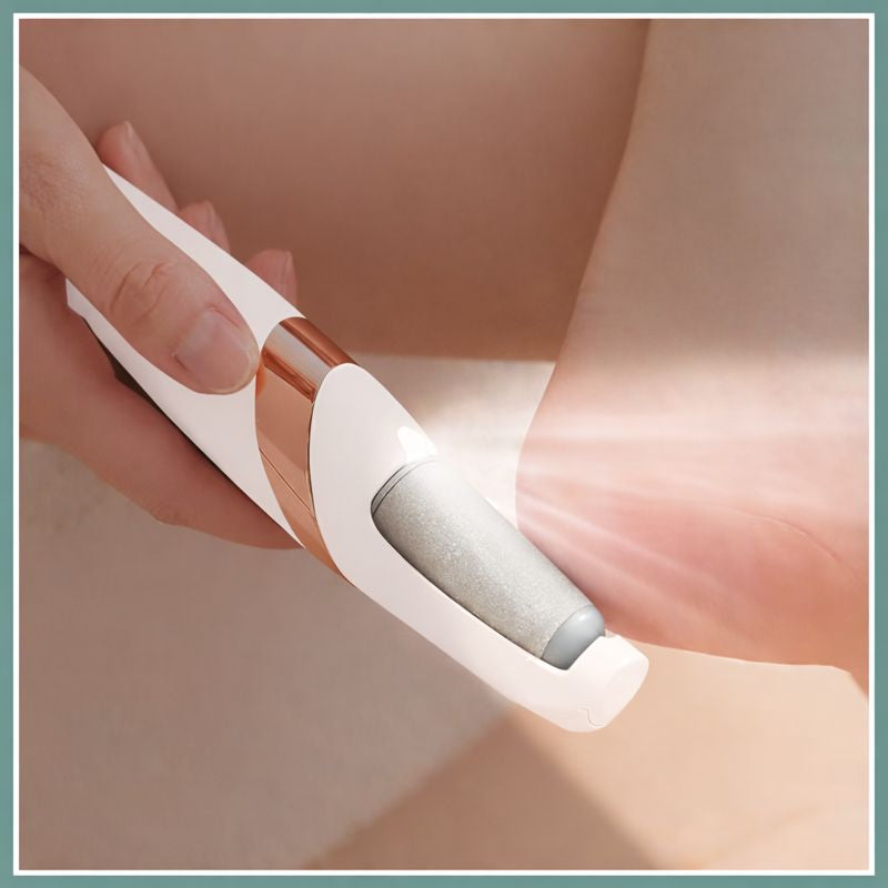 Women using led light in electric callus remover for confident feet